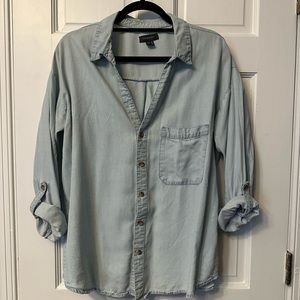 Primark chambray button up oversized shirt with front pocket and rolled sleeves